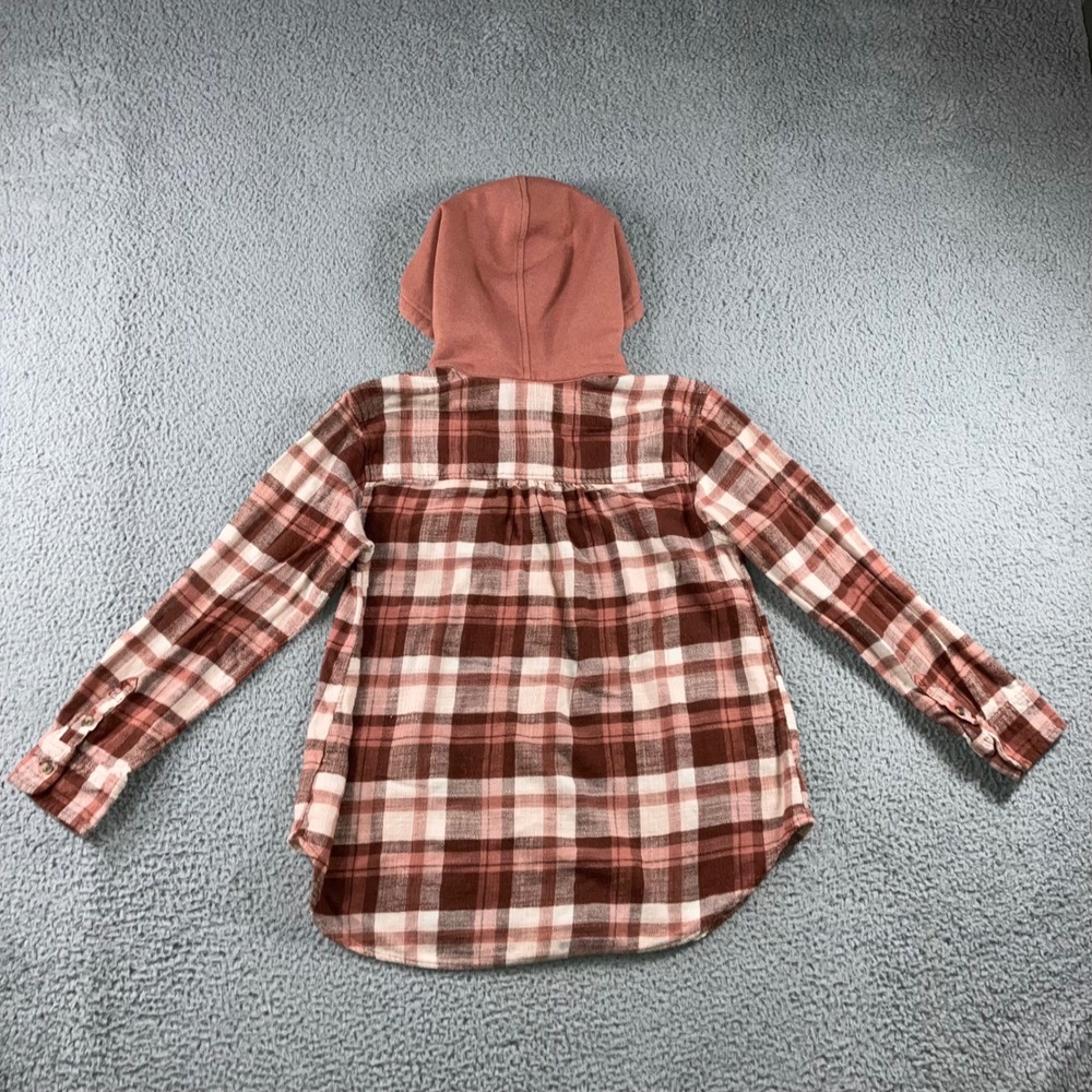 American Eagle Hooded Flannel Shirt Women Small Brown Pink Button Up Y2K Shacket - Picture 3 of 10